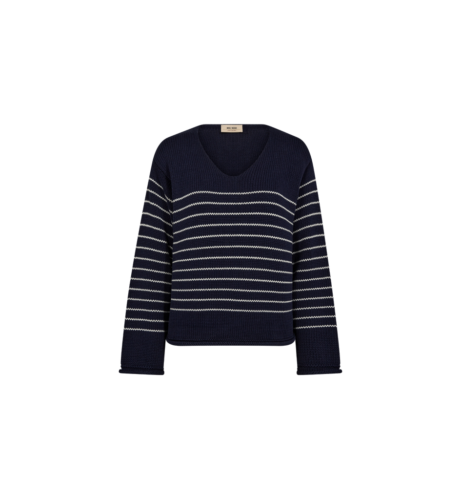 Mos Mosh - Bine LS V-Neck Stripe Knit - Maritime Blue