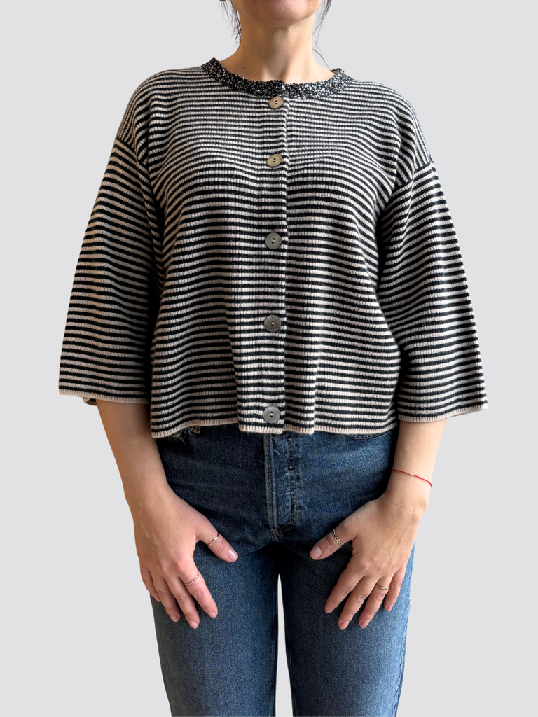 REPEAT - Knit Stripe Cardigan - Natural Navy