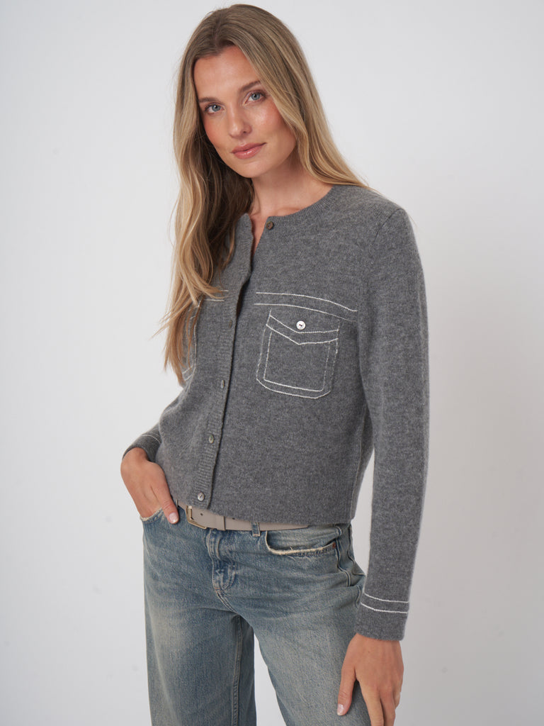 REPEAT - Contrast Pocket Wool Cashmere Cardigan - Thunder