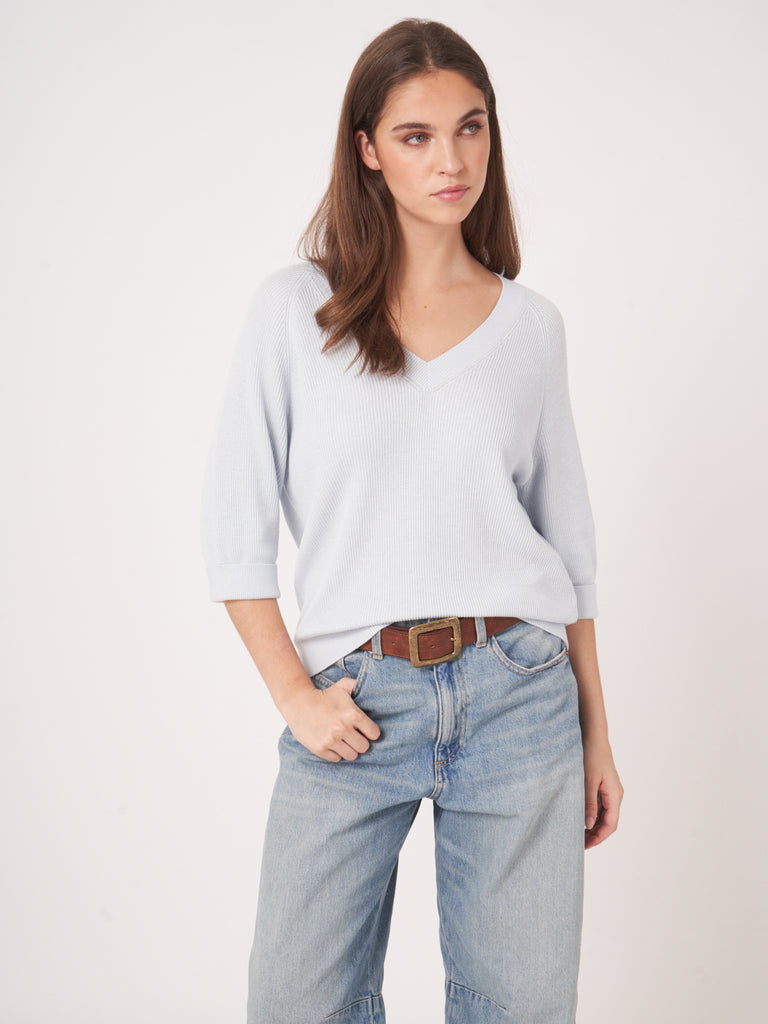 REPEAT - V-Neck Cotton Cashmere Sweater - Wave