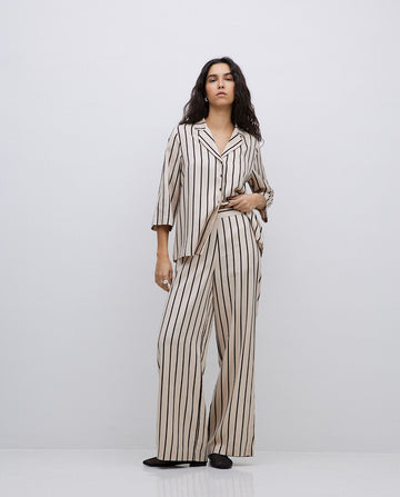 Yerse - Wide Leg Trouser - Ecru Stripes