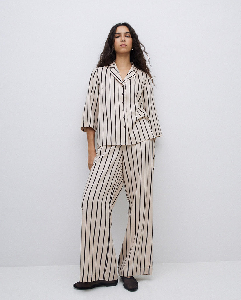 Yerse - Wide Leg Trouser - Ecru Stripes