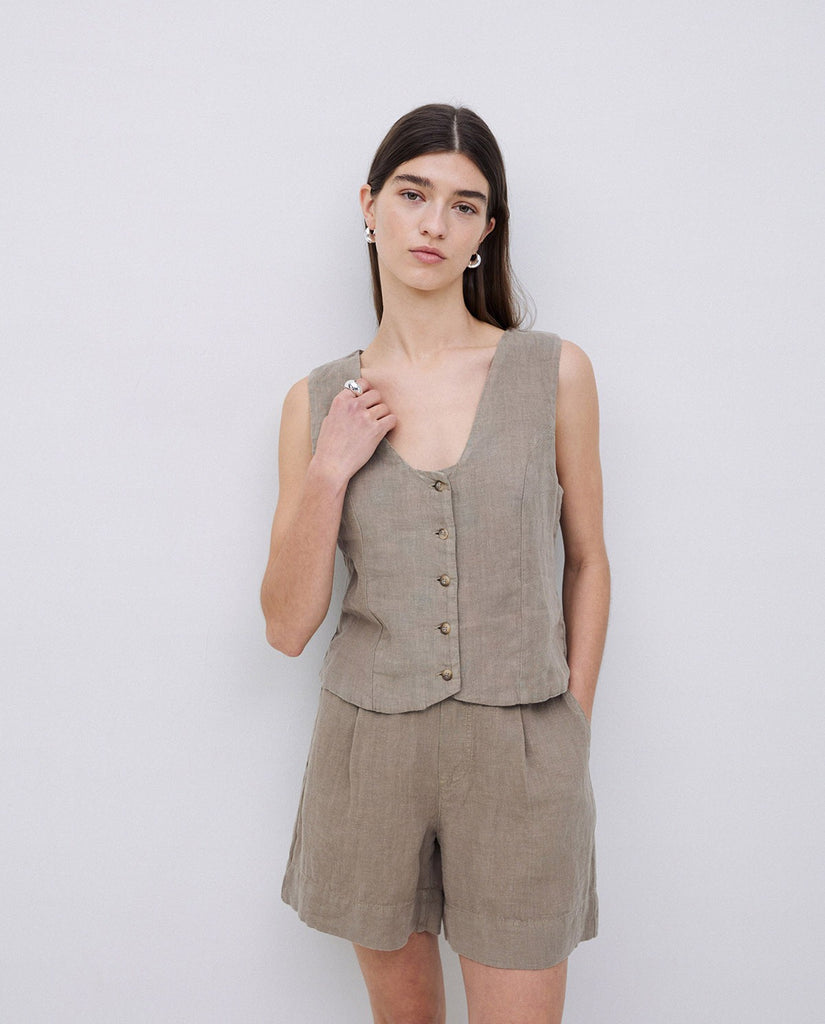 Yerse - Portofino Linen Vest - Kaki