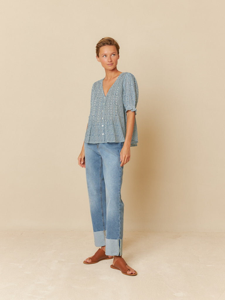 INDI&COLD - Elastic Short Sleeve Blouse - Indigo