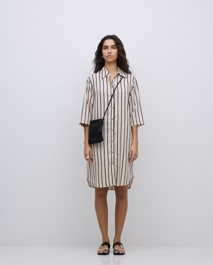 Yerse - Collared Shirt Dress - Ecru Stripes