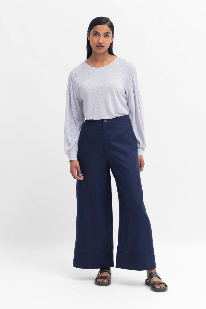 100% French Linen. Light and comfortable, wide-leg pants. Perfect for day to day. Navy Blue. Front View.